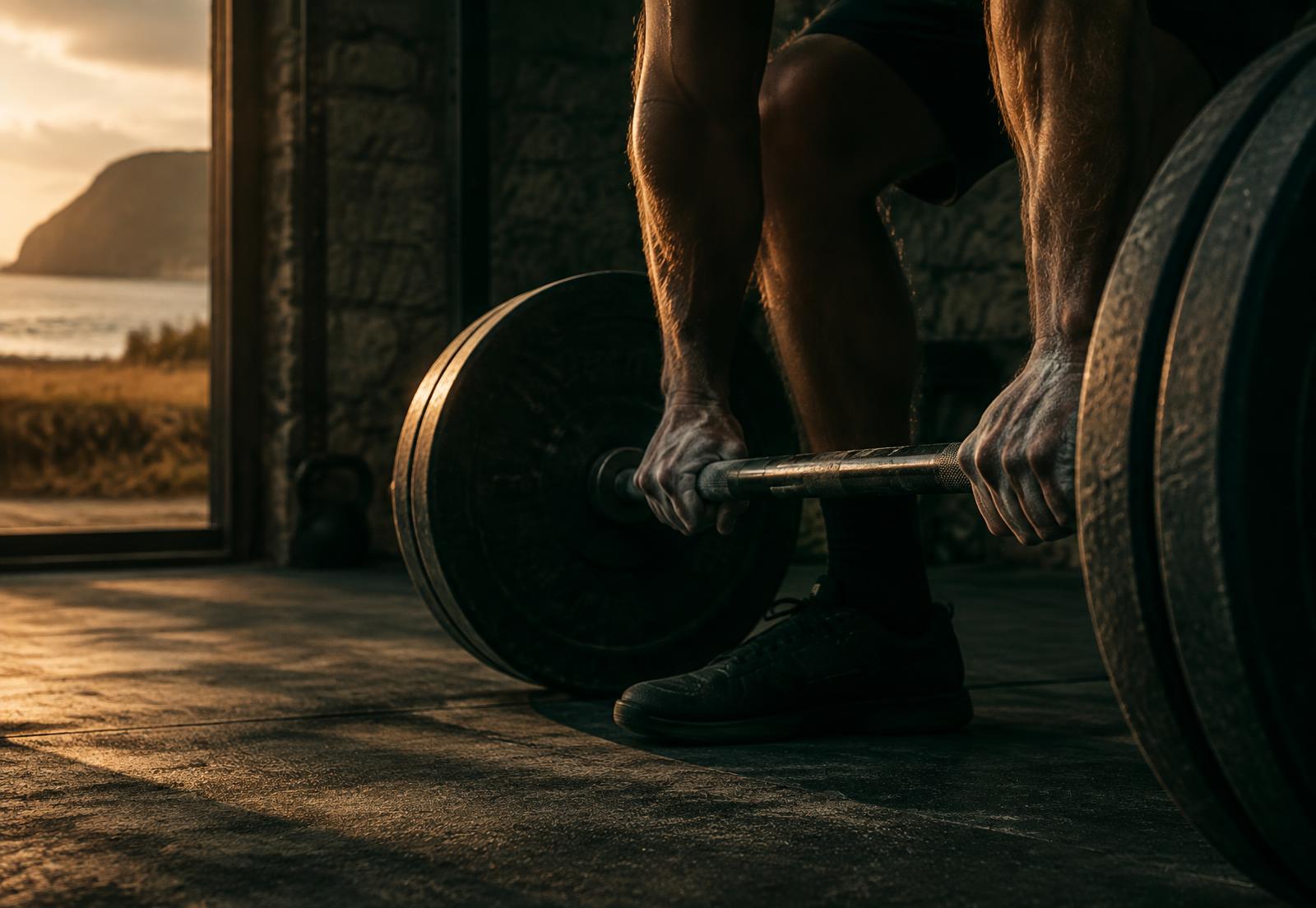 Chalked hands gripping a loaded barbell beside the sea
